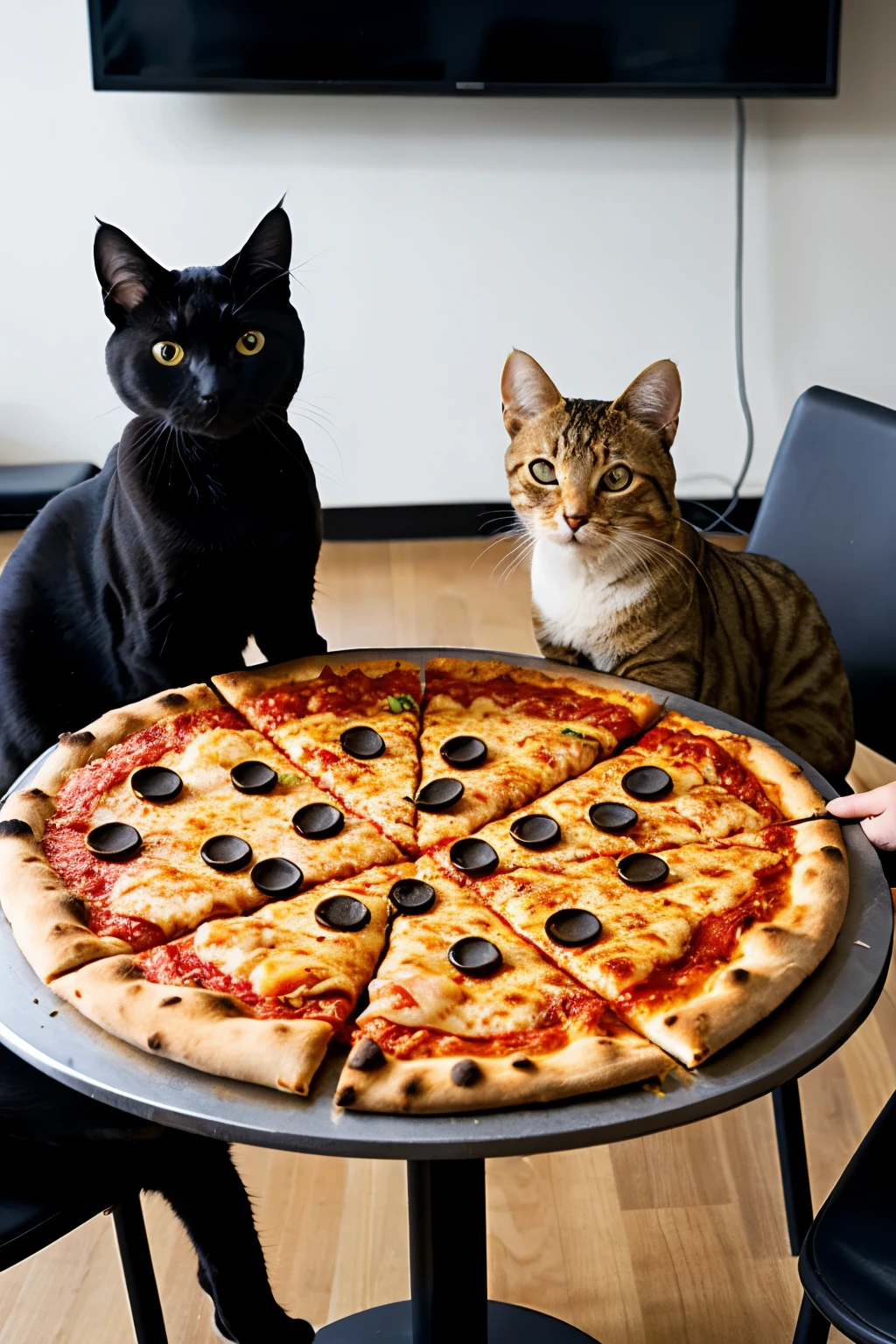 A cat is in a meeting about how to make humans taste better pizza