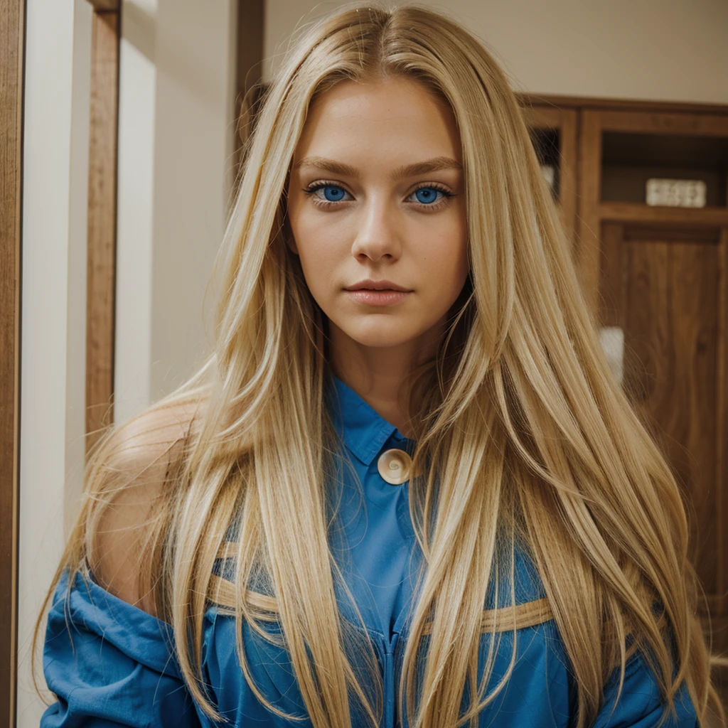 Big , long blonde hair, blue eyes.