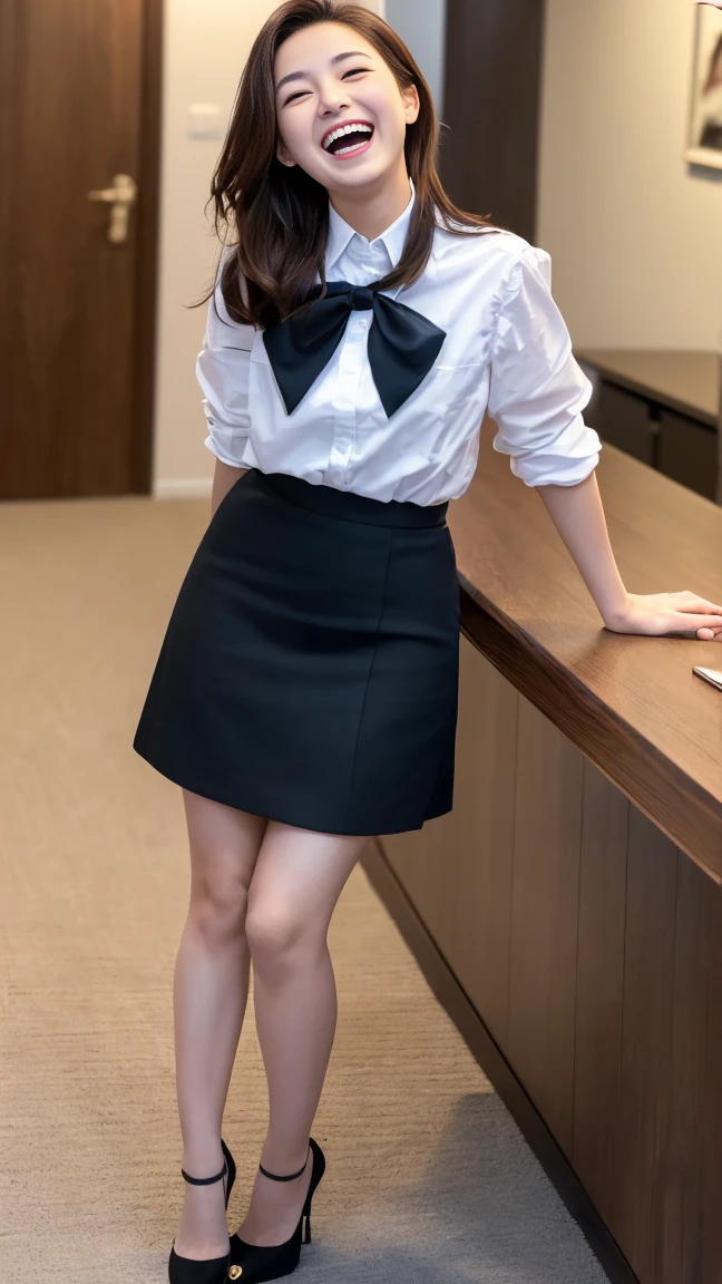 (Highest quality, masterpiece, Photo Real, Super detailed, Ultra-high resolution, born:1.3), (Woman laughing at the camera), beautiful, Japanese, 20-year-old, (mini skirt), (Looking at the camera and laughing with his mouth wide open), high waist, office, (Long legs, High heels, whole body:1.2),(Top view:1.2)