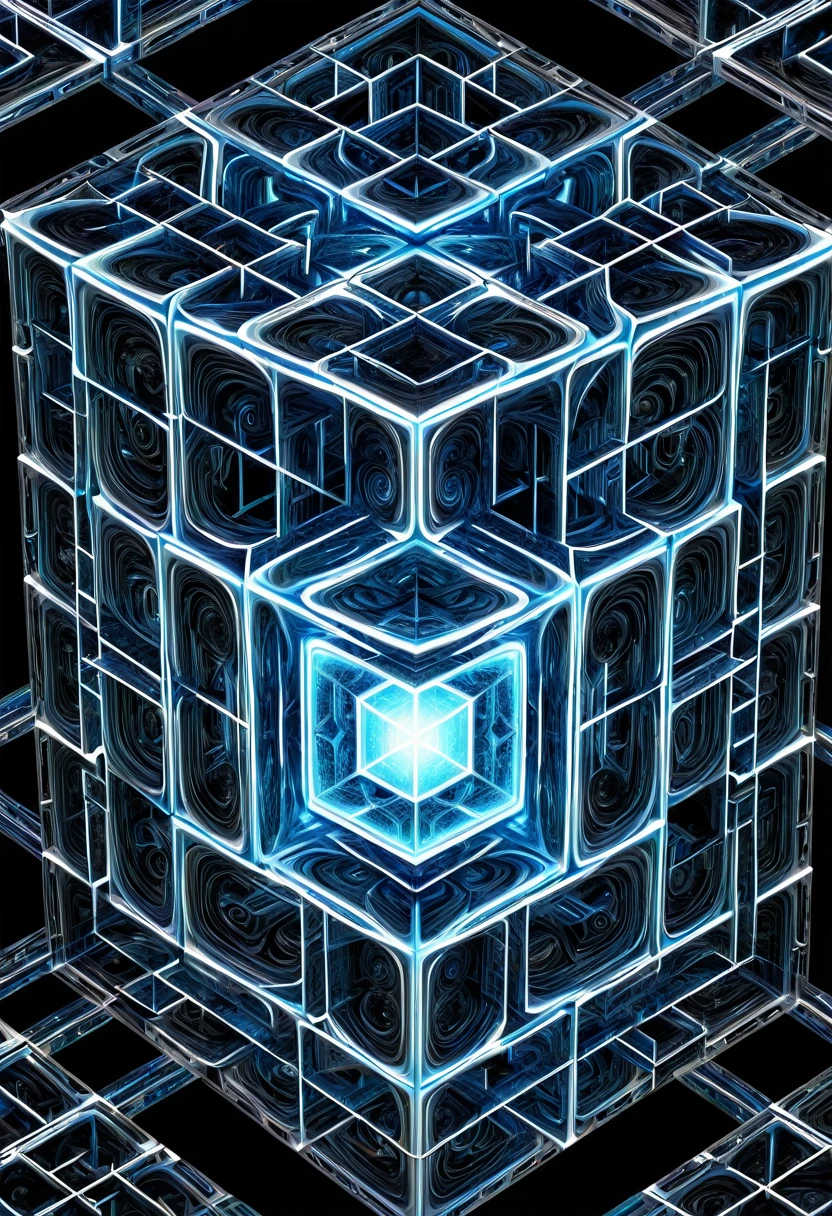77^(3), they are entering the hypercube dimension((changing perspectives)), fractal,deep wiew,ultra high resolution,hyperdetailed, masterpiece, 3d modelling, abstract art, digital art.