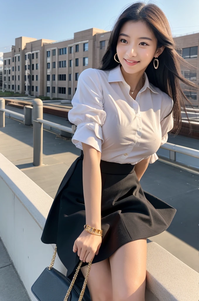 Rooftop of university building, 4th year university student, ((full body)), ((photo)), ((best qualtiy, 8K, tmasterpiece:1.3)), Focus:1.2, perfect figure beautiful girl:1.4, 1girl, cowboy shot, look at viewer, eyes facing the camera, incredibly absurd, beautiful and cute girl with a photorealistic face, showcasing top-quality craftsmanship, A Japanese girl watching the sunset on the roof of a university building, 19 years old, long, straight, silky black hair, fair skin, big eyes, thin eyebrows, double eyelids, long eyelashes, pink lips, smile, devilish smile, gorgeous features, well-defined facial features, beautiful face line, mysterious beauty, slender, tall, well-balanced proportions, large E-cup , white shirt, tight black skirt, beige pumps, gold necklace and bracelet, small earrings, elegant ring, pretty girl, beauty, devilish type, pretty older sister, passionate about art, sociable, friendly, positive, has leadership skills, is proactive, is flexible, gets things done efficiently, works hard towards dreams and goals, March