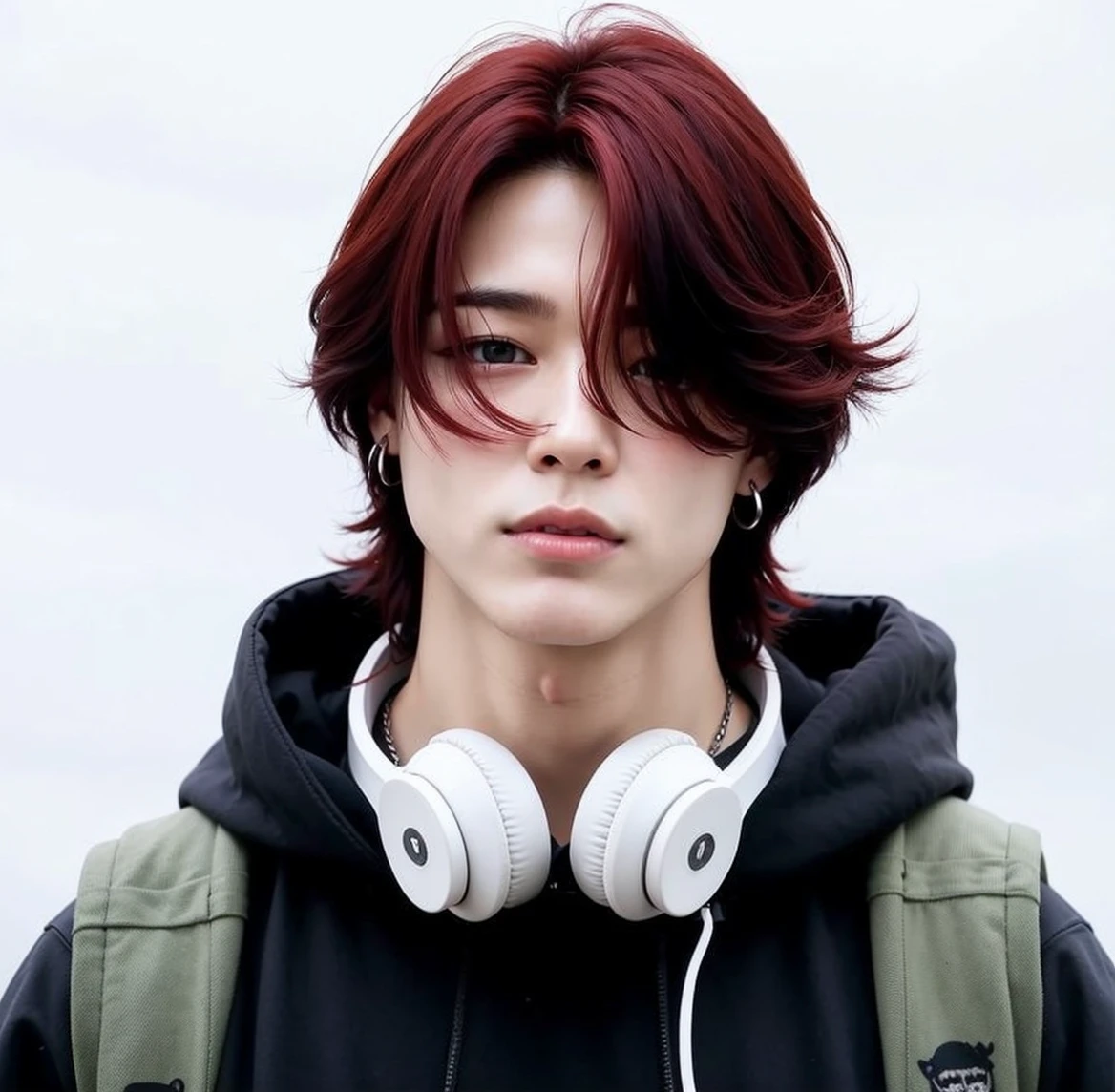 sharp man with black hood and a tattoo on his arm, park jimin, Ulzzang masculino, em um moletom preto, homem sul-coreano, vestindo um moletom preto, pale korean face, hyung jimin, profile picture with headshot, inspirado em park jimin, em um moletom, rosto preciso do jimin, red hair, high quality, 4K, full hd