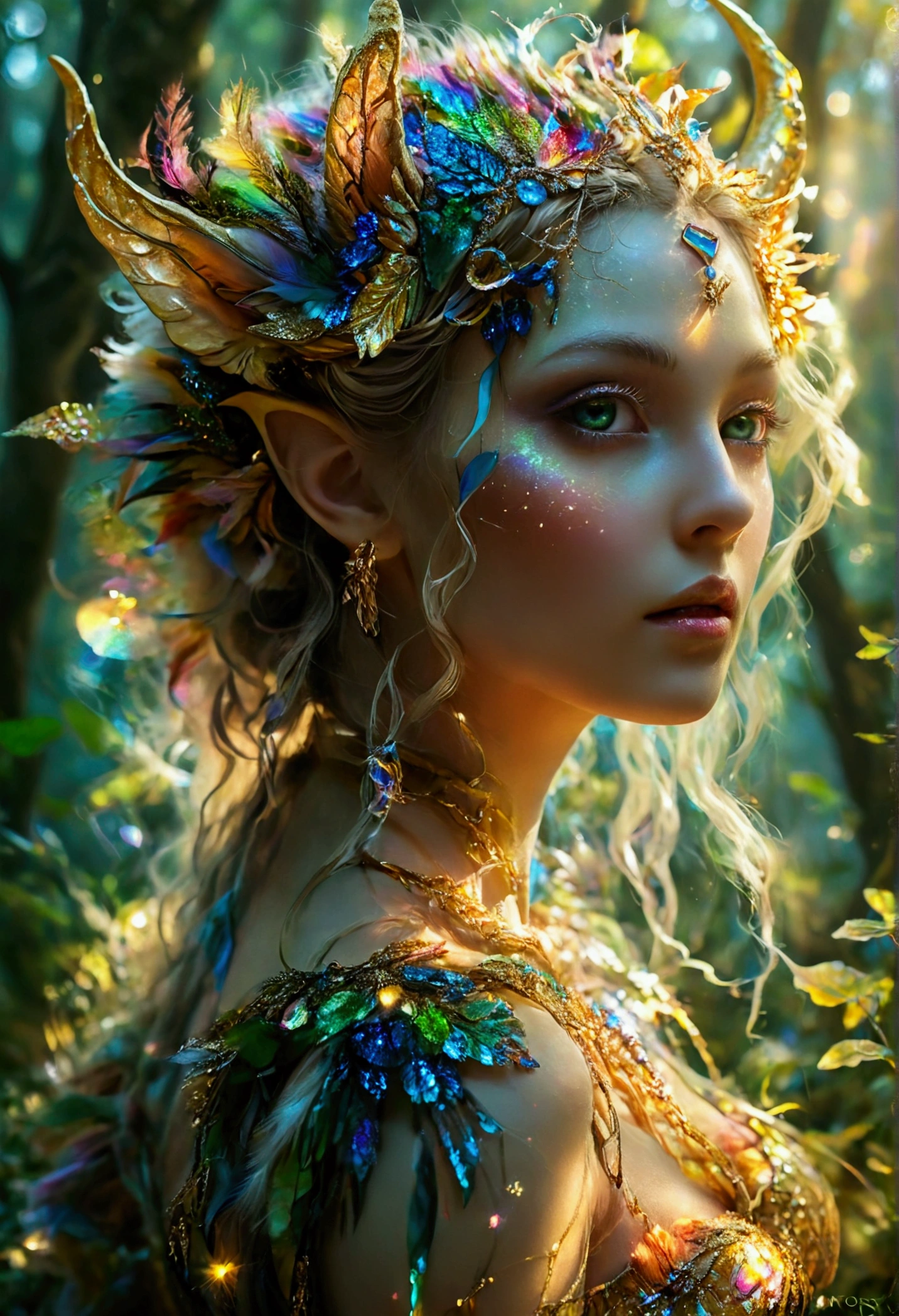 A beautiful, enchantingly elusive humanoid faunus woman, every aspect exudes magic in the midst of danger: shimmering rainbow fur, ethereal golden horn, and eyes that seem to hold the secrets of the universe. The mystical creature is surrounded by a lush, enchanted forest, bathed in the soft light of the setting sun, creating a dreamlike atmosphere that transports viewers to a realm of fantasy and wonder. This breathtaking image is a digital painting that captures the essence of the mythical creature with stunning detail and masterful technique, making it a truly mesmerizing work of art.