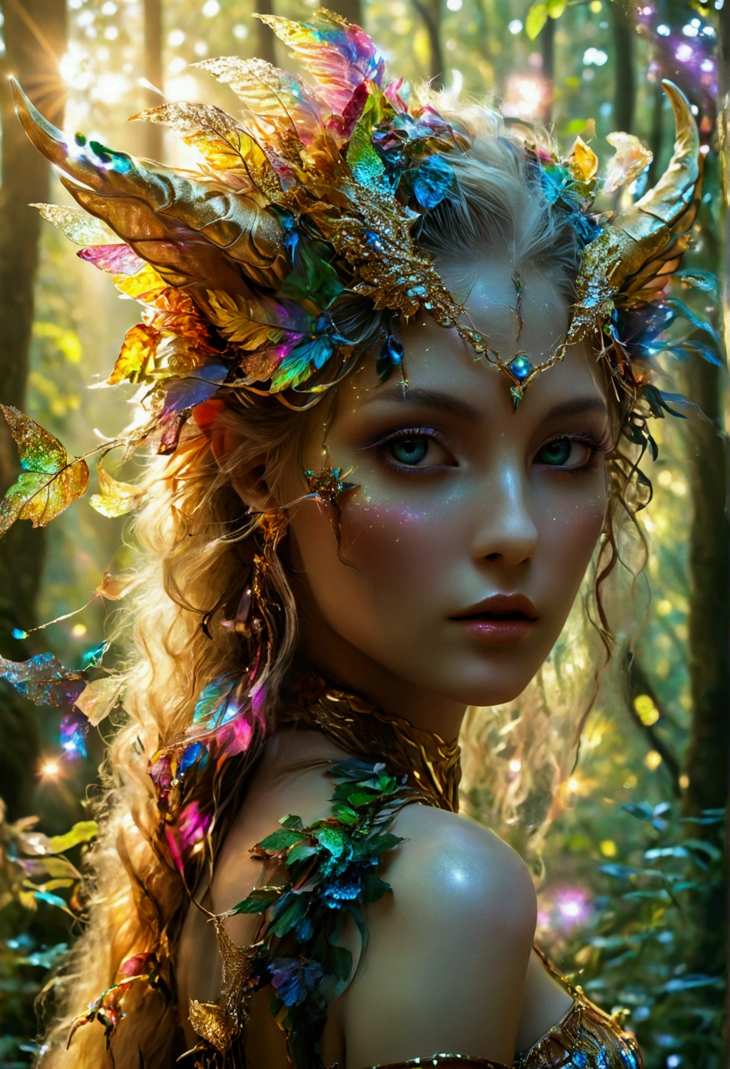 A beautiful, enchantingly elusive humanoid faunus woman, every aspect exudes magic in the midst of danger: shimmering rainbow fur, ethereal golden horn, and eyes that seem to hold the secrets of the universe. The mystical creature is surrounded by a lush, enchanted forest, bathed in the soft light of the setting sun, creating a dreamlike atmosphere that transports viewers to a realm of fantasy and wonder. This breathtaking image is a digital painting that captures the essence of the mythical creature with stunning detail and masterful technique, making it a truly mesmerizing work of art.