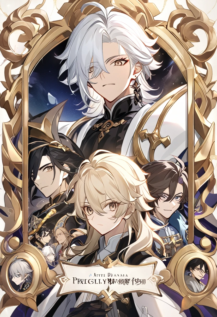 アニメ, um homem com white  hair e longos com uma fraja no dado direito e um livro nas mãos, brunette skin, 37 years old, gold eyes, cute androgynous prince, delicate androgynous prince, white  hair deity, handsome guy in demon slayer art, genshin, photo of a male cleric, white  hair, portrait of thancred, arte detalhada de personagem de アニメ