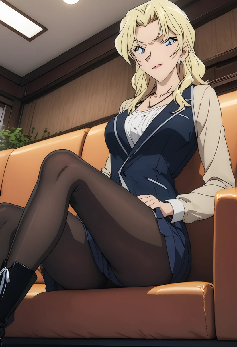 (masterpiece, best quality:1.2), ((Extremely detailed)), high resolution, Anime style , photo, photography, Detailed background,1. Beautiful woman Lei Dianming, (Pantyhose), boots,Cowboy shooting, Looking at the audience,A faint smile, earrings, skirt, Necklace, Vest, Cross your legs, From below, On the sofa, Windows, living room,Anime style,blond