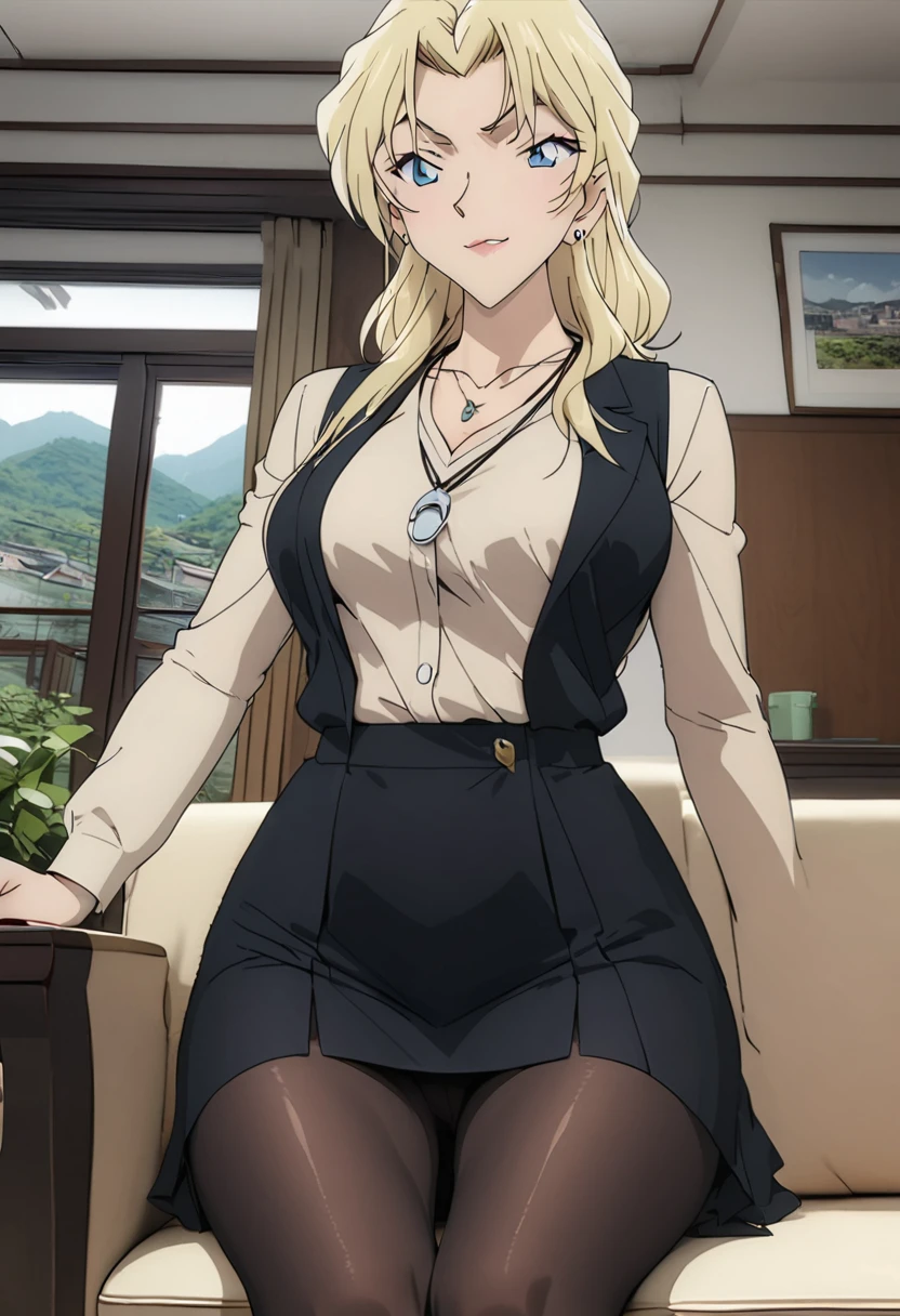 (masterpiece, best quality:1.2), ((Extremely detailed)), high resolution, Anime style , photo, photography, Detailed background,1. Beautiful woman Lei Dianming, (Pantyhose), boots,Cowboy shooting, Looking at the audience,A faint smile, earrings, skirt, Necklace, Vest, Cross your legs, From below, On the sofa, Windows, living room,Anime style，blond