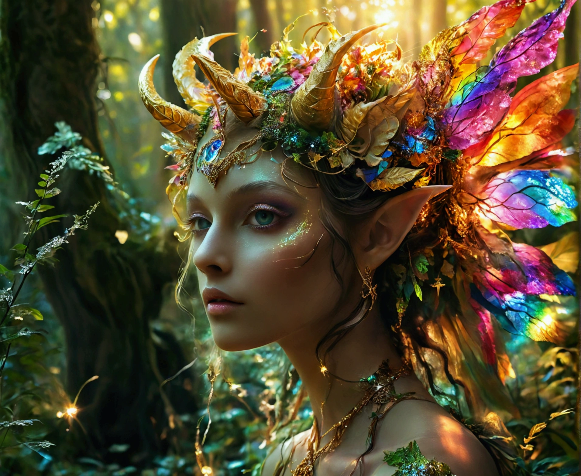 A beautiful, enchantingly elusive humanoid faunus woman, every aspect exudes magic in the midst of danger: shimmering rainbow fur, ethereal golden horn, and eyes that seem to hold the secrets of the universe. The mystical creature is surrounded by a lush, enchanted forest, bathed in the soft light of the setting sun, creating a dreamlike atmosphere that transports viewers to a realm of fantasy and wonder. This breathtaking image is a digital painting that captures the essence of the mythical creature with stunning detail and masterful technique, making it a truly mesmerizing work of art.