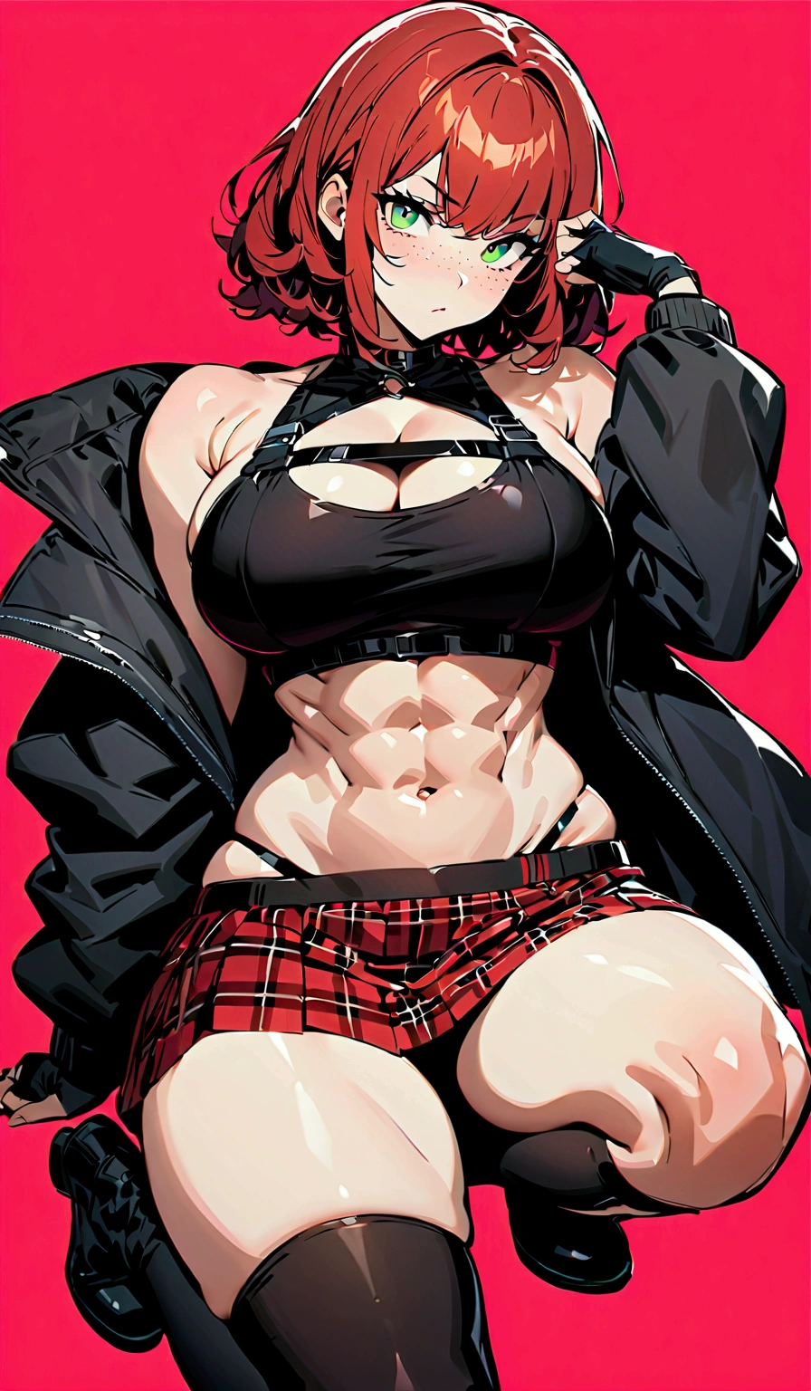 woman, curly red pixie cut hair, green eyes, wearing crop top black shirt, long black jacket, red plaid skirt, (black knee high boots), black fingerless gloves, exposed shoulders, (full body), large breasts, thick thighs, freckles, cleavage, abs, looking at viewer, masterpiece, best quality, an14