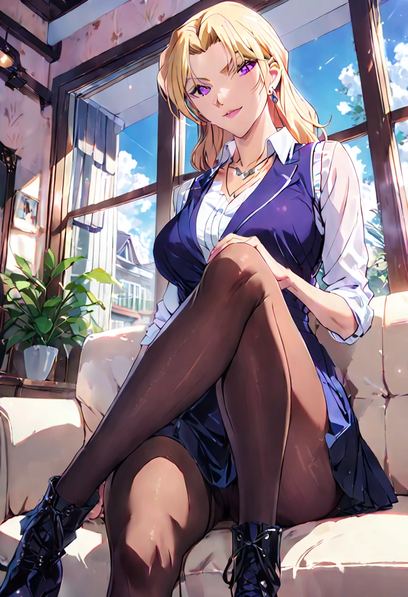 (masterpiece, best quality:1.2), ((Extremely detailed)), high resolution, Anime style , photo, photography, Detailed background,1. Beautiful woman Lei Dianming, (Pantyhose), boots,Cowboy shooting, Looking at the audience,A faint smile, earrings, skirt, Necklace, Vest, Cross your legs, From below, On the sofa, Windows, living room,Anime style,blond