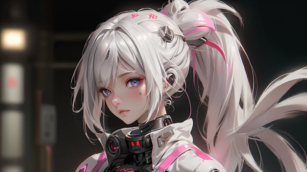 ((beste-Qualit)),Cyborg girl in cyborg style，grey hair，Long ponytail hairstyle，Wear bunny ear headphones and a gas mask，The gas mask has a green light on the surface，Dressed in a white suit，There are long stripes of pink light on the clothes，pink eyes，（black glove）tetas grandes, generous chest, The left hand is a mechanical prosthesis，The main body is connected by wires and tubes， ((masterpiece)), (the detail:1.4), 3d, A beautiful picture of a cyberpunk woman,HDR（HighDynamicRange）,Raytracing,nvidia RTX,Super-Resolution,Unreal 5,sub-surface Scattering、PBR-Textur、Aftercare、Anisotropy filtering、deep champaximum definition and sharpnesulti-channel textures、Albedo and specular maps、Surface coloring、Precise simulation of the interaction between light and matter、proporções perfeitas、I make octane、two-tone light、big opening、Low ISO、White balance、the rule of thirds、8K RAW、