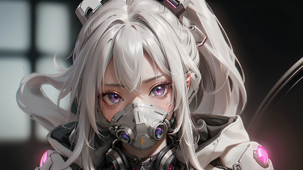 ((beste-Qualit)),Cyborg girl in cyborg style,grey hair,Long ponytail hairstyle,Wear bunny ear headphones and a gas mask,The gas mask has a green light on the surface,Dressed in a white suit,There are long stripes of pink light on the clothes,pink eyes,(black glove)tetas grandes, generous chest, The left hand is a mechanical prosthesis,The main body is connected by wires and tubes, ((masterpiece)), (the detail:1.4), 3d, A beautiful picture of a cyberpunk woman,HDR(HighDynamicRange),Raytracing,nvidia RTX,Super-Resolution,Unreal 5,sub-surface Scattering、PBR-Textur、Aftercare、Anisotropy filtering、deep champaximum definition and sharpnesulti-channel textures、Albedo and specular maps、Surface coloring、Precise simulation of the interaction between light and matter、proporções perfeitas、I make octane、two-tone light、big opening、Low ISO、White balance、the rule of thirds、8K RAW、