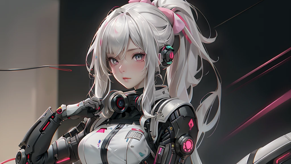 ((beste-Qualit)),Cyborg girl in cyborg style，grey hair，Long ponytail hairstyle，Wear bunny ear headphones and a gas mask，The gas mask has a green light on the surface，Dressed in a white suit，There are long stripes of pink light on the clothes，pink eyes，（black glove）tetas grandes, generous chest, The left hand is a mechanical prosthesis，The main body is connected by wires and tubes， ((masterpiece)), (the detail:1.4), 3d, A beautiful picture of a cyberpunk woman,HDR（HighDynamicRange）,Raytracing,nvidia RTX,Super-Resolution,Unreal 5,sub-surface tering、PBR-Textur、Aftercare、Anisotropy filtering、deep champaximum definition and sharpnesulti-channel textures、Albedo and specular maps、Surface coloring、Precise simulation of the inteween light and matter、proporções perfeitas、I make octane、two-tone light、big opening、Low ISO、White balance、the rule of thirds、8K RAW、