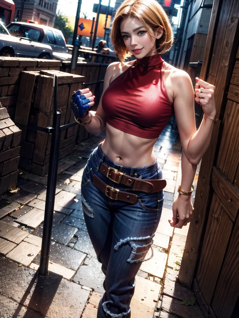 30 year old woman, alone, athletic, by the semi-cut ruby, she is wearing a tight red crop top, he wears blue jogger pants, has two belts, one small and the other a large belt hanging from his brown waist., wears blue fingerless gloves , he wears brown boots, smile at the viewer, points at the viewer, There is a little brown dog with white spots with her, high resolution, absurd, intricate, sharp focus, a New York alley in the background, Best Quality, Masterpiece, high resolution, Perfect picture, Very detailed, High contrast, Digital colors, simple, medium shot, cinematographic, ultra sharp focus, award-winning photography, perFect contrast, high sharpness, depth of field, ultra detailed photography, global illumination, fluid, ultra high definition, 8k, unreal engine 5, ultra-sharp focus, award-winning photography, Art Season Trends,
