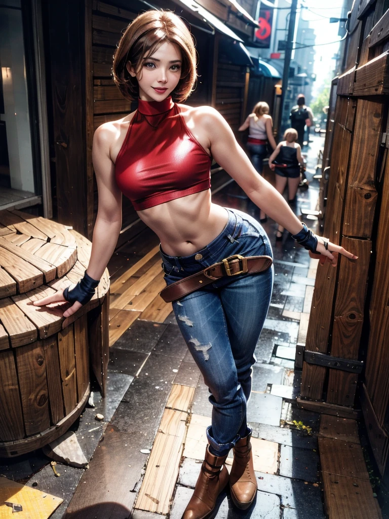 30 year old woman, alone, athletic, by the semi-cut ruby, she is wearing a tight red crop top, he wears blue jogger pants, has two belts, one small and the other a large belt hanging from his brown waist., wears blue fingerless gloves , he wears brown boots, smile at the viewer, points at the viewer, There is a little brown dog with white spots with her, high resolution, absurd, intricate, sharp focus, a New York alley in the background, Best Quality, Masterpiece, high resolution, Perfect picture, Very detailed, High contrast, Digital colors, simple, medium shot, cinematographic, ultra sharp focus, award-winning photography, perFect contrast, high sharpness, depth of field, ultra detailed photography, global illumination, fluid, ultra high definition, 8k, unreal engine 5, ultra-sharp focus, award-winning photography, Art Season Trends,
