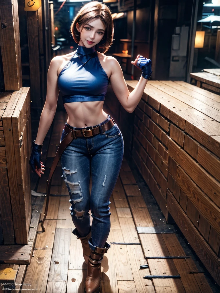 30 year old woman, alone, athletic, by the semi-cut ruby, she is wearing a tight red crop top, he wears blue jogger pants, has two belts, one small and the other a large belt hanging from his brown waist., wears blue fingerless gloves , he wears brown boots, smile at the viewer, points at the viewer, There is a little brown dog with white spots with her, high resolution, absurd, intricate, sharp focus, a New York alley in the background, Best Quality, Masterpiece, high resolution, Perfect picture, Very detailed, High contrast, Digital colors, simple, medium shot, cinematographic, ultra sharp focus, award-winning photography, perFect contrast, high sharpness, depth of field, ultra detailed photography, global illumination, fluid, ultra high definition, 8k, unreal engine 5, ultra-sharp focus, award-winning photography, Art Season Trends,