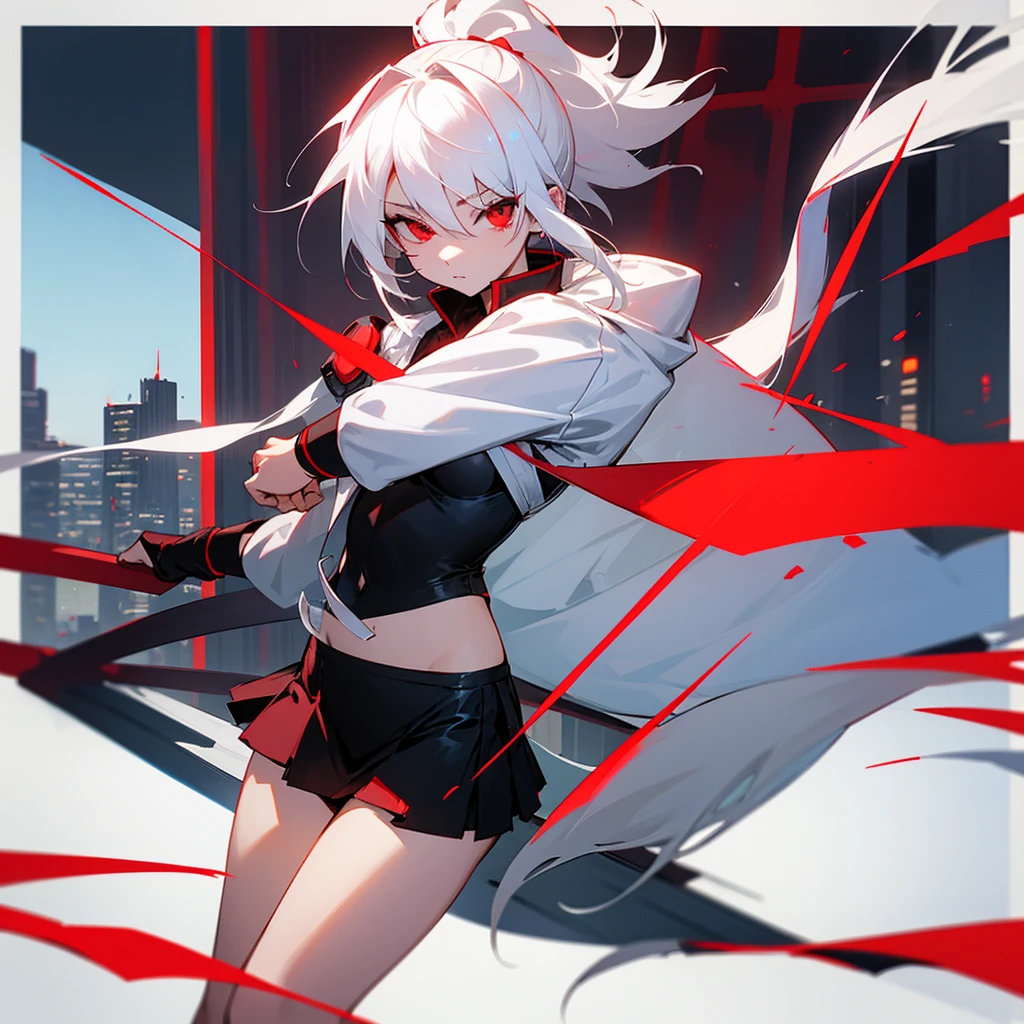 White hair, long hair ponytail
Short skirt , red eyes
Hot girl 
On a rooftop 
Dont use to much red beside eyes