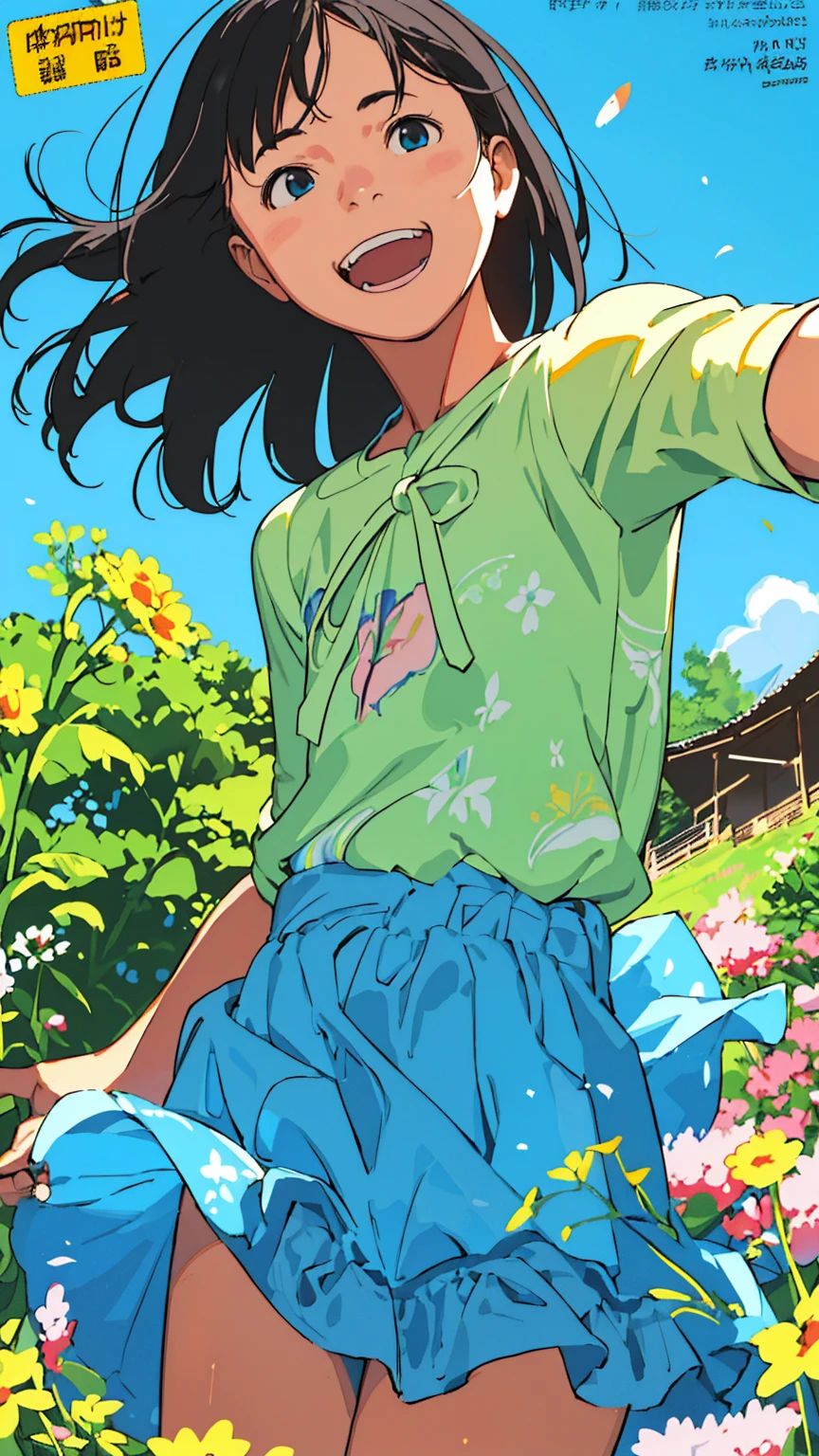 Reasonable design, Clear lines, High Sharpness, (Highest quality,8K,Perfect sharpness,Ultra fine,High resolution,masterpiece:1.2), Perfect Anatomy:1.5, Official Art, Illustrations that tell a story, (Whitish background:0. 9)、Body Positivity、多Mr.な身体表現、(Random and energetic poses)、Perfect beauty、Perfect beautiful face、Strong winds、A rich expression、Dynamic composition、smile、Golden ratio composition、colorful、((Mr.々Different angles and perspectives))、Anime Art、(Mini dress)、(Overcoming stereotypes)、 Glowing Skin、(Natural beauty)、smile、Bangs、(Soft and flowing hair)、(countryside)、(Nostalgic atmosphere)、Put it up to your thighs、(Playful and carefree)、(多Mr.な民族のキャラクター)、(innocent attitude)、(Sunny atmosphere)、(The skirt flutters wildly in the wind)、(Bright colors)、Beautiful Eyes、(Embarrassing)、Braided Hair、Summer Scene、Smiling among flowers、Weekly magazine cover、