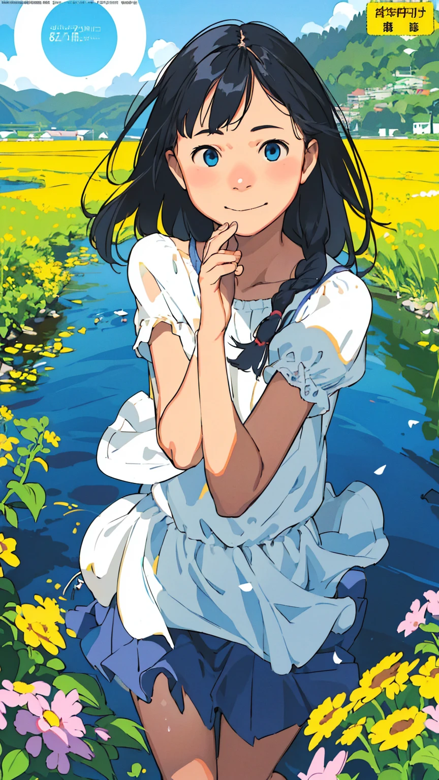 Reasonable design, Clear lines, High Sharpness, (Highest quality,8K,Perfect sharpness,Ultra fine,High resolution,masterpiece:1.2), Perfect Anatomy:1.5, Official Art, Illustrations that tell a story, (Whitish background:0. 9）、Body Positivity、多Mr.な身体表現、（Random and energetic poses）、Perfect beauty、Perfect beautiful face、Strong winds、A rich expression、Dynamic composition、smile、Golden ratio composition、colorful、（(Mr.々Different angles and perspectives)）、Anime Art、(Mini dress)、（Overcoming stereotypes）、 Glowing Skin、（Natural beauty）、smile、Bangs、（Soft and flowing hair）、（countryside）、（Nostalgic atmosphere）、Put it up to your thighs、（Playful and carefree）、（多Mr.な民族のキャラクター）、（innocent attitude）、（Sunny atmosphere）、(The skirt flutters wildly in the wind)、（Bright colors）、Beautiful Eyes、(Embarrassing)、Braided Hair、Summer Scene、Smiling among flowers、Weekly magazine cover、