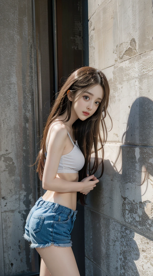 Realistic, High resolution, 1 female, Lift your , Beautiful Eyes, Long Hair, The eyes are round, jewelry, highleg panong under Shorts, Shorts