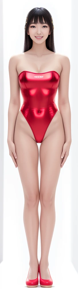 On a white background,A tall and beautiful Chinese girl,with fair skin,Toothy smile,A big smile,When you laugh, Your eyes are crescent-shaped,blunt bangs, long straight hair,Wear a one-piece swimsuit and pumps,Swimsuits are decorated with joyful patterns, Stand up straight,Stand upright,hands on sides,Symmetrical distribution,Ray tracing,All shaded areas,No windows, Soft lighting, Warm light, flood light, n, Studio light, 1.4x Realistic Ultra HD