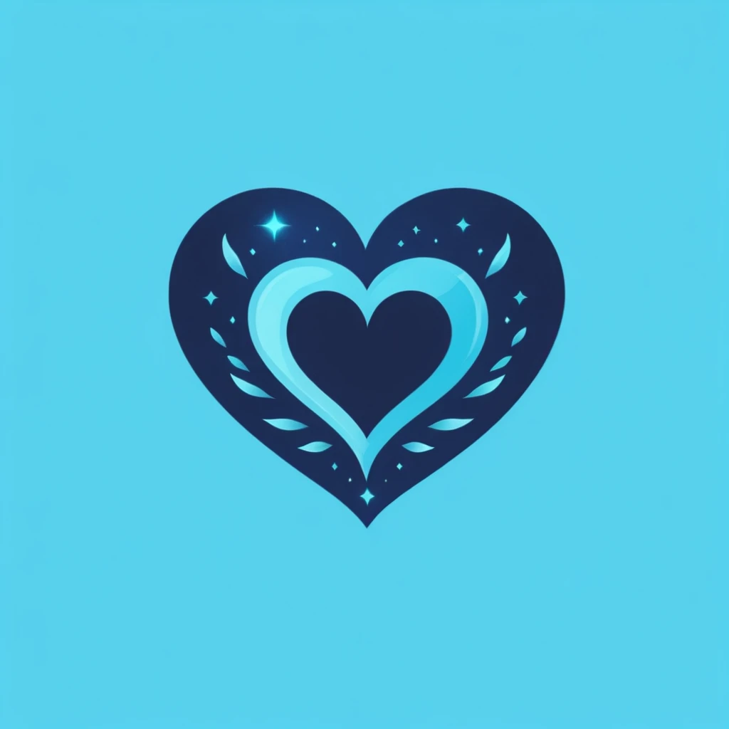 A logo with a beautiful dark blue magical heart, light blue and turquoise.