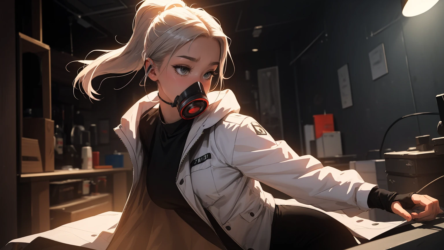 (beste-Qualit)),Cyborg girl in cyborg style，grey hair，Long ponytail hairstyle，Wear bunny ear headphones and a gas mask，The gas mask has a green light on the surface，Dressed in a white suit，There are long stripes of pink light on the clothes，pink eyes，（black glove）tetas grandes, generous chest, The left hand is a mechanical prosthesis，The main body is connected by wires and tubes， ((masterpiece)), (the detail:1.4), 3d, A beautiful picture of a cyberpunk woman,HDR（HighDynamicRange）,Raytracing,nvidia RTX,Super-Resolution,Unreal 5,sub-surface Scattering、PBR-Textur、Aftercare、Anisotropy filtering、deep champaximum definition and sharpnesulti-channel textures、Albedo and specular maps、Surface coloring、Precise simulation of the interaction between light and matter、proporções perfeitas、I make octane、two-tone light、big opening、Low ISO、White balance、the rule of thirds、8K RAW、. She is in a dynamic, action-oriented pose, holding dual daggers with an ethereal glow. The background should be a dark, mystical forest or an ancient, ruined temple, with a moonlit sky casting an eerie glow. The overall style should reflect the detailed, fantasy-rich art of Lineage 2, with vibrant colors, dramatic lighting, and a sense of magical realism.、permission 8k、complex parts、Toned waist、Wide buttocks、Эффект Тиндаллаmasuter piece、top quality、Highest standards、Highest image quality、table、complex parts、A high resolution、depth of field、natural soft light、professional lighting、about, standing, very long hair, cowboy shot, brilliant, brilliant hair, (night:1.2),Dreamy, [[gentle fingers and hands:0.55]::0.85],(detailed fingers),),(emotional),(breathtaking),(main part:1.2) whole body.), (Anime Style), (Super Detailed), (brutal), (uhd, HDR), (8K), (High Resolution: 1.2), (Complex and Beautiful: 1.2)