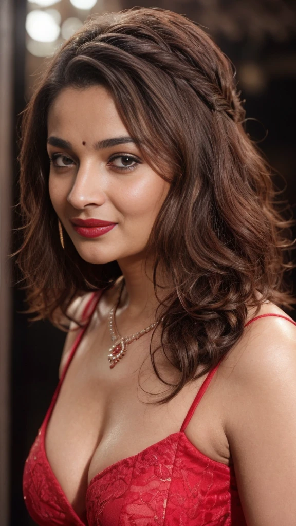 night scene, extreme close up photo of naked albh, curvy, hourglass figure, swooping breasts, deep cleavage, standing in temple in ugadi celebrations, French braid hair, necklace, red lace dress, sultry, seductive eyes, red lips, look at viewer and smile, (cinematic:1.3), intricate details, (ArtStation:1.2)