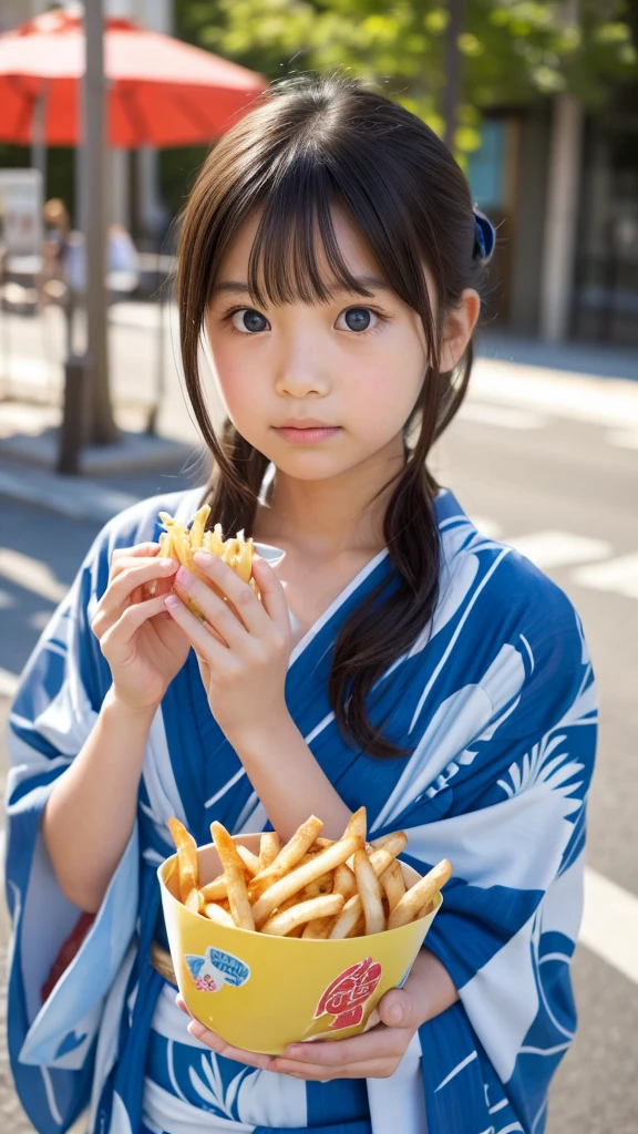  girl　Japanese　Light blue yukata　Realistic Skin　Bigeyes　Eating french fries