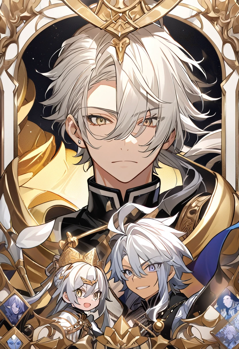 アニメ, 1 homem com white  hair e longos com uma fraja no dado direito e um livro nas mãos, brunette skin, 37 years old, gold eyes, cute androgynous prince, white  hair deity, handsome guy in demon slayer art, photo of a male cleric, white  hair, portrait of thancred, arte detalhada de personagem de アニメ