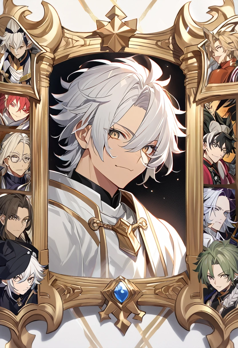 アニメ, 1 homem com white  hair e longos com uma fraja no dado direito e um livro nas mãos, brunette skin, 37 years old, gold eyes, cute androgynous prince, white  hair deity, handsome guy in demon slayer art, photo of a male cleric, white  hair, portrait of thancred, arte detalhada de personagem de アニメ