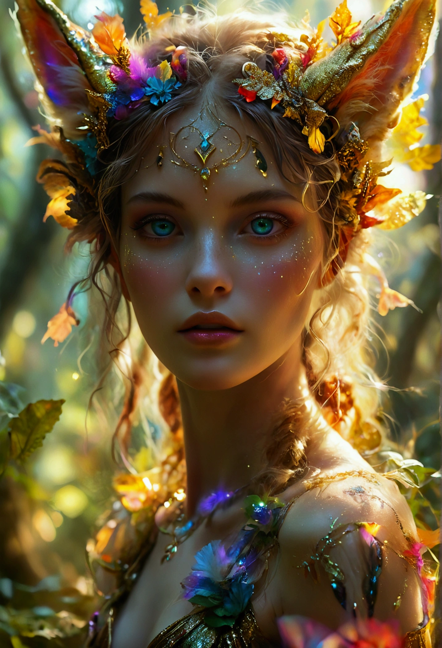 A beautiful, enchantingly elusive humanoid faunus woman, every aspect exudes magic in the midst of danger: shimmering rainbow fur, ethereal golden horn, and eyes that seem to hold the secrets of the universe. The mystical creature is surrounded by a lush, enchanted forest, bathed in the soft light of the setting sun, creating a dreamlike atmosphere that transports viewers to a realm of fantasy and wonder. This breathtaking image is a digital painting that captures the essence of the mythical creature with stunning detail and masterful technique, making it a truly mesmerizing work of art.
