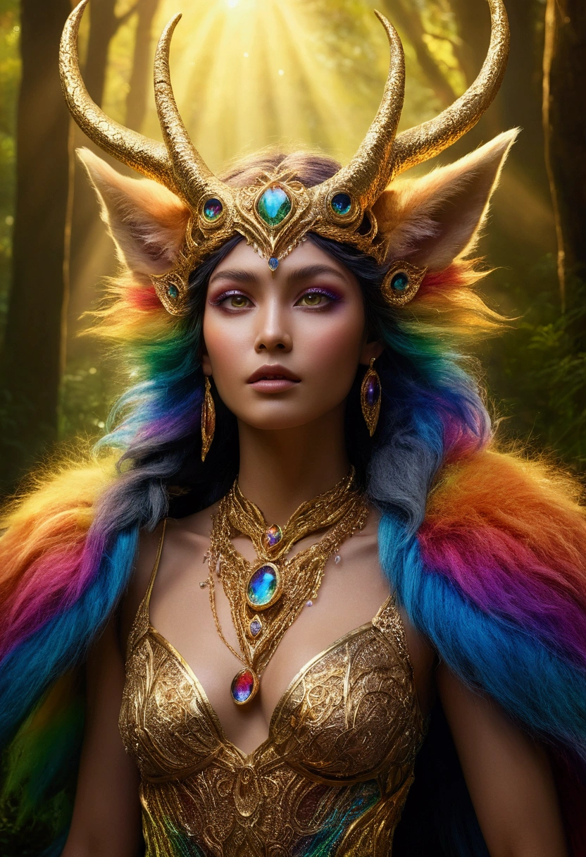 A beautiful, enchantingly elusive humanoid faunus woman, every aspect exudes magic in the midst of danger: shimmering rainbow fur, ethereal golden horn, and eyes that seem to hold the secrets of the universe. The mystical creature is surrounded by a lush, enchanted forest, bathed in the soft light of the setting sun, creating a dreamlike atmosphere that transports viewers to a realm of fantasy and wonder. This breathtaking image is a digital painting that captures the essence of the mythical creature with stunning detail and masterful technique, making it a truly mesmerizing work of art.