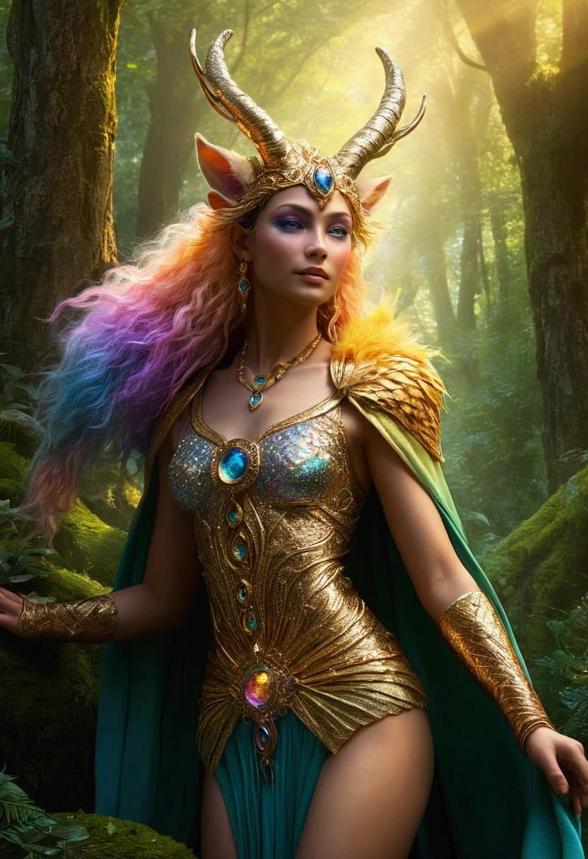 A beautiful, enchantingly elusive humanoid faunus woman, every aspect exudes magic in the midst of danger: shimmering rainbow fur, ethereal golden horn, and eyes that seem to hold the secrets of the universe. The mystical creature is surrounded by a lush, enchanted forest, bathed in the soft light of the setting sun, creating a dreamlike atmosphere that transports viewers to a realm of fantasy and wonder. This breathtaking image is a digital painting that captures the essence of the mythical creature with stunning detail and masterful technique, making it a truly mesmerizing work of art.