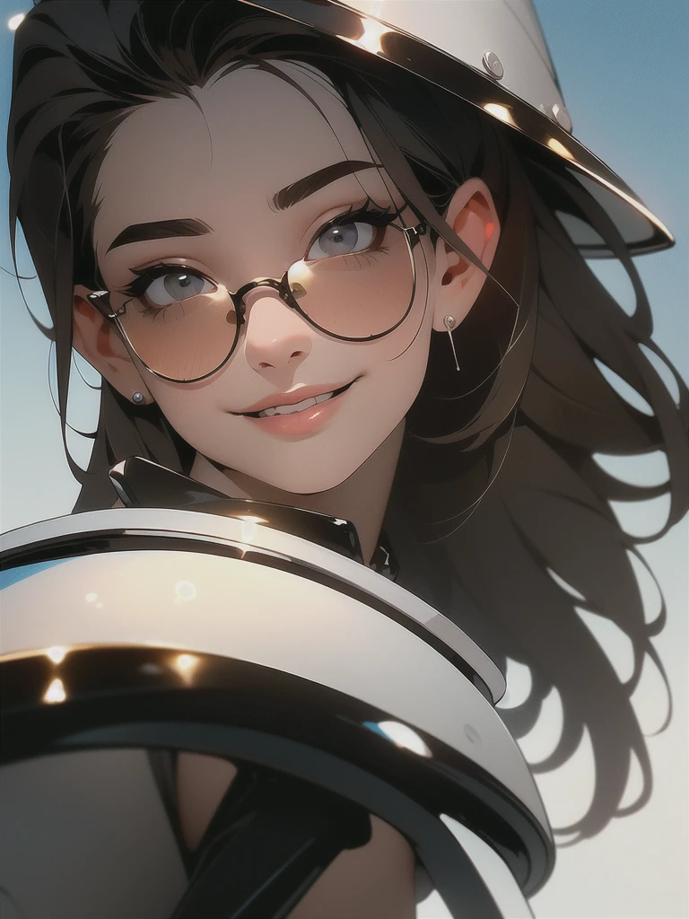 Masterpiece, (Masterpiece, Superior quality, Best Quality),1 girl, Alone, mono, old, wide, White background, SMILE, simple background, medium old, hull, looking at the viewer, tight skin, session, lips, blue mono, motorcycle, black gloves, gloves, whole body, sobre motorcycle.