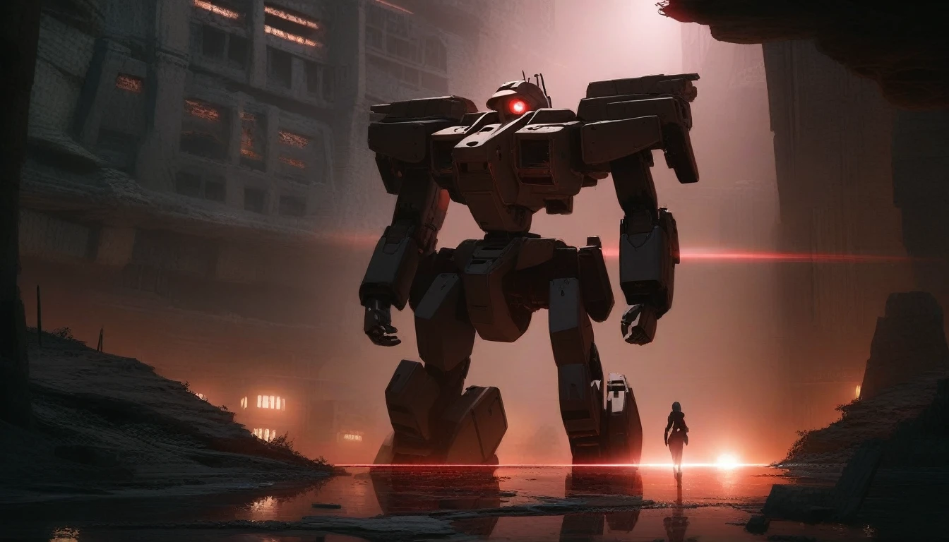 Mechanical Walker Mech. Armed Right arm cannon left arm robot arm, Machine dark colors, Walking in ruined underground city illuinated by red flare. Female Pilot barely visible through Mech window., anime style, anime, glowing light, reflection light, masterpiece, high quality, award winning, highres, best quality
