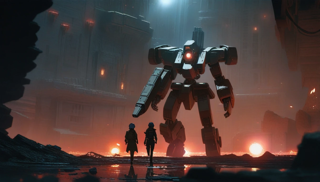 Mechanical Walker Mech. Armed Right arm cannon left arm robot arm, Machine dark colors, Walking in ruined underground city illuinated by red flare. Female Pilot barely visible through Mech window., anime style, anime, glowing light, reflection light, masterpiece, high quality, award winning, highres, best quality