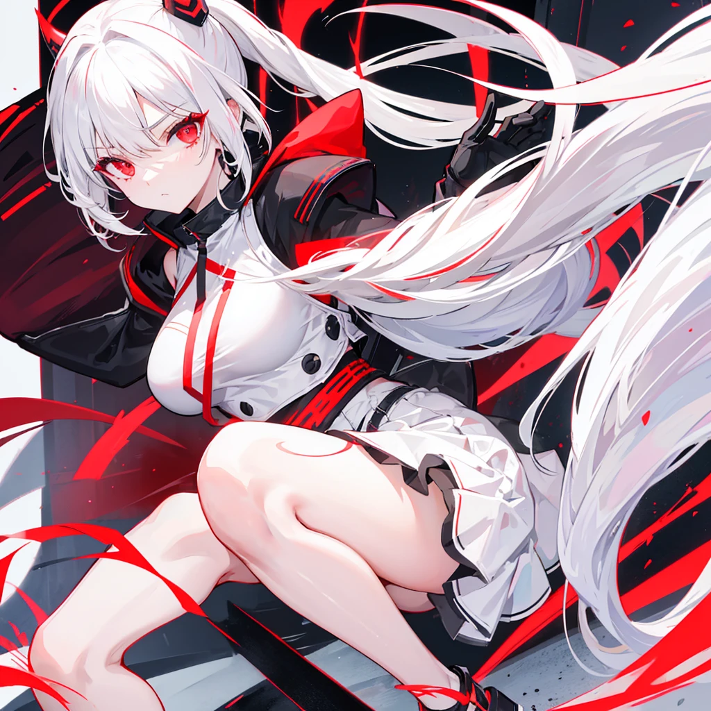 White hair, long hair ponytail
Short skirt , red eyes
Hot girl 
On a rooftop 
Dont use to much red beside eyes