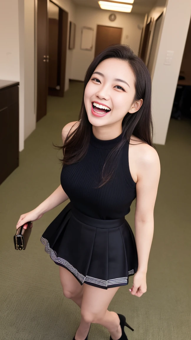 (Highest quality, masterpiece, Photo Real, Super detailed, Ultra-high resolution, born:1.3), (Woman laughing at the camera), beautiful, Japanese, 20-year-old, (mini skirt), (Looking at the camera and laughing with his mouth wide open), high waist, office, (Long legs, High heels, whole body:1.2),(Top view:1.2)