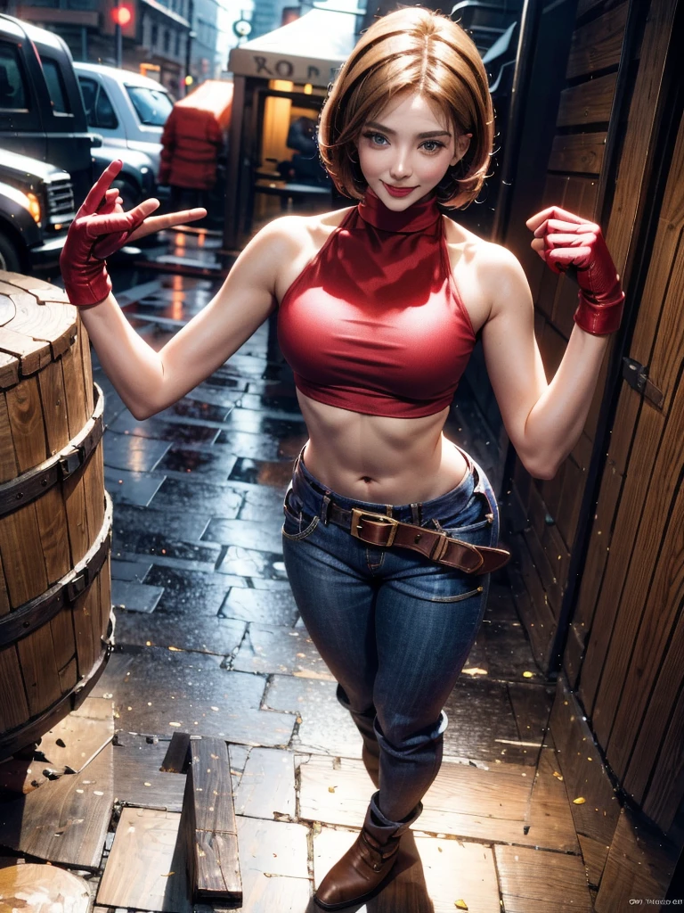 30 year old woman, alone, athletic, by the semi-cut ruby, she is wearing a tight red crop top, he wears blue jogger pants, has two belts, one small and the other a large belt hanging from his brown waist., wears blue fingerless gloves , he wears brown boots, smile at the viewer, points at the viewer, There is a little brown dog with white spots with her, high resolution, absurd, intricate, sharp focus, a New York alley in the background, Best Quality, Masterpiece, high resolution, Perfect picture, Very detailed, High contrast, Digital colors, simple, medium shot, cinematographic, ultra sharp focus, award-winning photography, perFect contrast, high sharpness, depth of field, ultra detailed photography, global illumination, fluid, ultra high definition, 8k, unreal engine 5, ultra-sharp focus, award-winning photography, Art Season Trends,