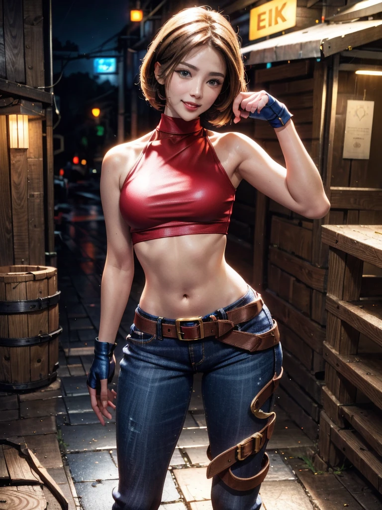 30 year old woman, alone, athletic, by the semi-cut ruby, she is wearing a tight red crop top, he wears blue jogger pants, has two belts, one small and the other a large belt hanging from his brown waist., wears blue fingerless gloves , he wears brown boots, smile at the viewer, points at the viewer, There is a little brown dog with white spots with her, high resolution, absurd, intricate, sharp focus, a New York alley in the background, Best Quality, Masterpiece, high resolution, Perfect picture, Very detailed, High contrast, Digital colors, simple, medium shot, cinematographic, ultra sharp focus, award-winning photography, perFect contrast, high sharpness, depth of field, ultra detailed photography, global illumination, fluid, ultra high definition, 8k, unreal engine 5, ultra-sharp focus, award-winning photography, Art Season Trends,
