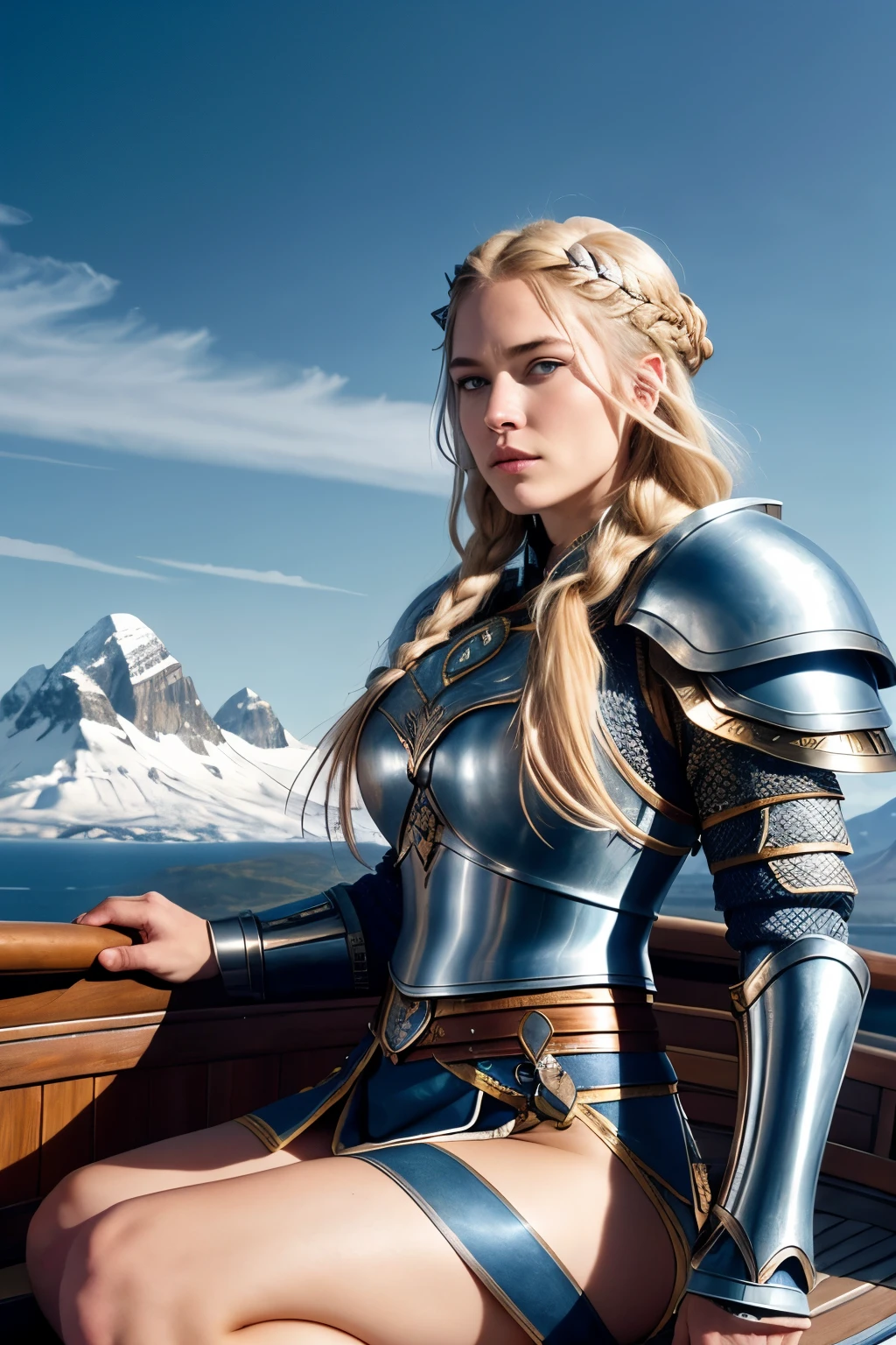 Blonde Blue-Eyed Viking Warrior Princess on a Viking Ship with Mountains in the Background
(Blonde hair:1.6), Blue eyes as vast as the ocean (eye detail:1.5), Noble Viking princess, (High-definition armor:1.3), Sculpted muscles and physique, Long braided blonde hair, Viking helm adorned with precious jewels, (Ship's deck:1.2), Huge longship sailing on rough waves, (Mountains in the distance:1.1), Snow-capped peaks reaching towards the sky, (Ultra-high-definition, 8K wallpaper, Super