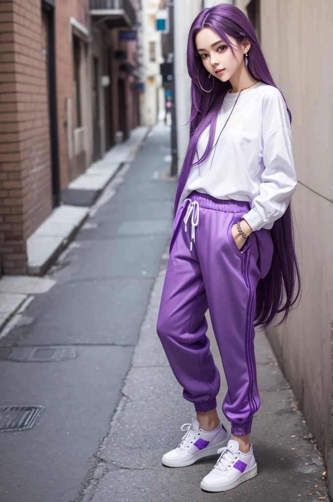 Create a girl with long purple hair, the girl wears a purple blouse,purple and white pants, she has white sneakers