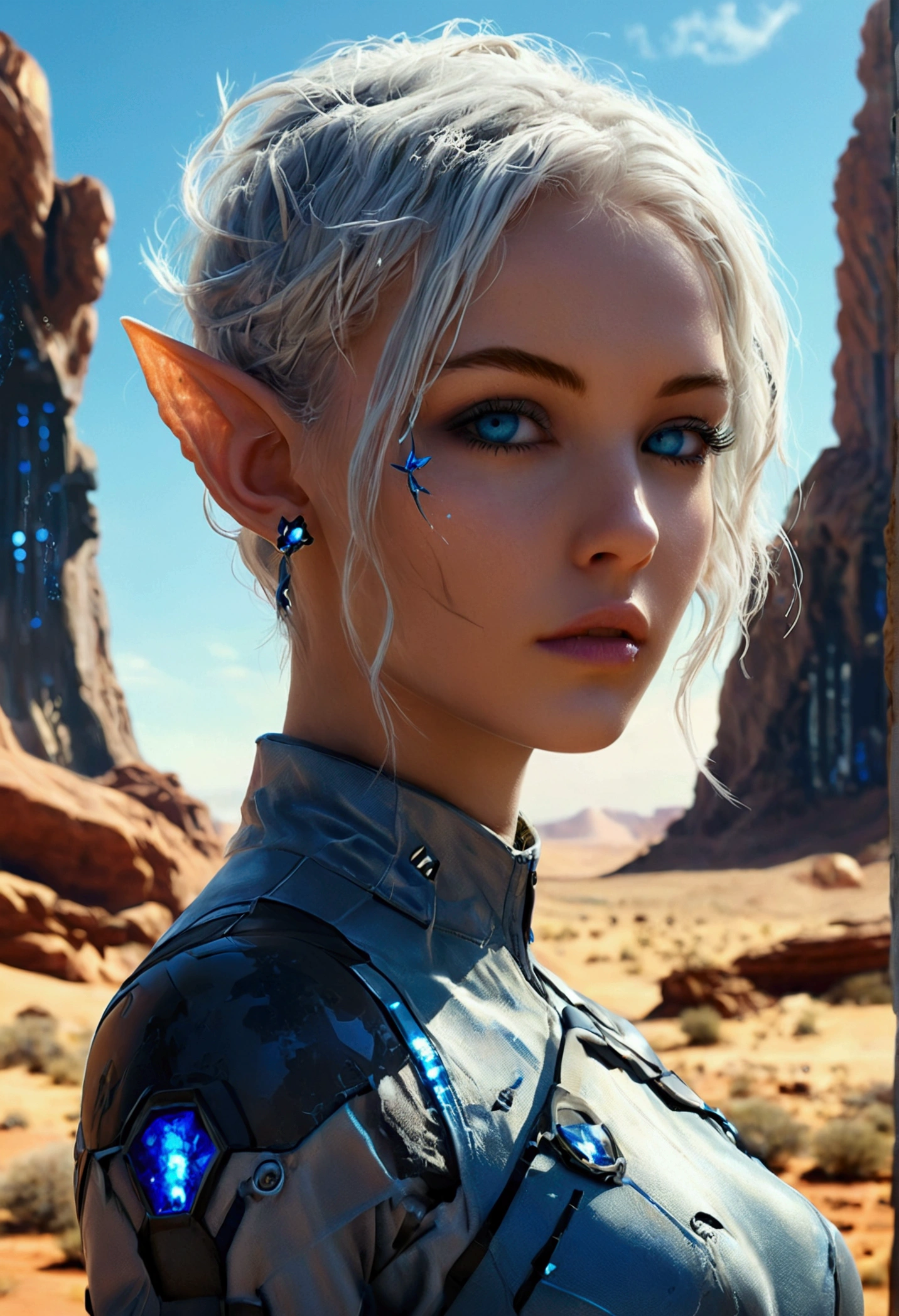"Generate a realistic image of Nyx, a 22-year-old woman with Martian ears, white hair in a butterfly cut, piercing blue crystal eyes, and a slim, well-defined body. She has a confident and curious expression and wears a gray and blue uniform jumpsuit with a lance-shaped piercing. The background is a futuristic Martian landscape, with remnants of advanced technology and a sense of mystery and intrigue."
This updated prompt should give you an image that captures Nyx's unique appearance and personality, as well as the futuristic and otherworldly setting of her origin story.