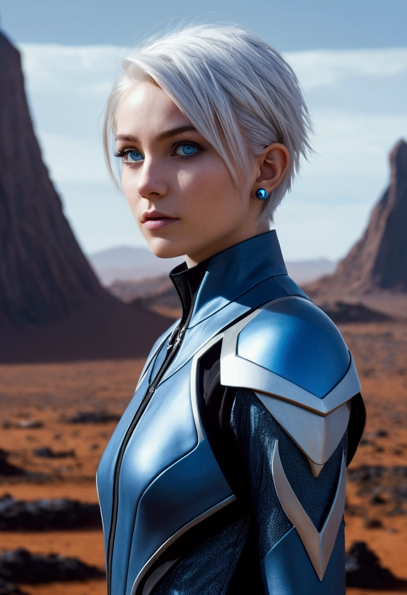 "Generate a realistic image of Nyx, a 22-year-old woman with Martian ears, white hair in a butterfly cut, piercing blue crystal eyes, and a slim, well-defined body. She has a confident and curious expression and wears a gray and blue uniform jumpsuit with a lance-shaped piercing. The background is a futuristic Martian landscape, with remnants of advanced technology and a sense of mystery and intrigue."
This updated prompt should give you an image that captures Nyx's unique appearance and personality, as well as the futuristic and otherworldly setting of her origin story.