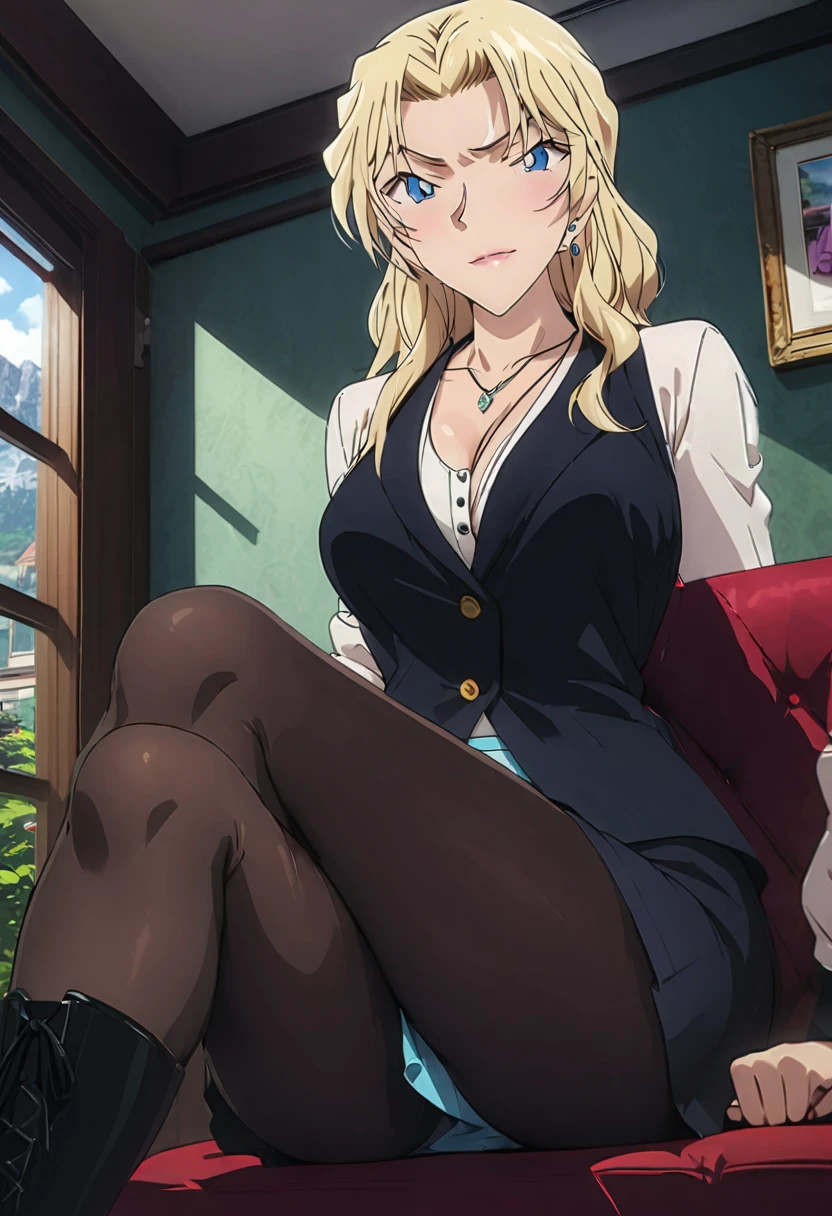 (masterpiece, best quality:1.2), ((Extremely detailed)), high resolution, Anime style , photo, photography, Detailed background,1. Beautiful woman Lei Dianming, (Pantyhose), boots,Cowboy shooting, Looking at the audience,A faint smile, earrings, skirt, Necklace, Vest, Cross your legs, From below, On the sofa, Windows, living room,Anime style,blond