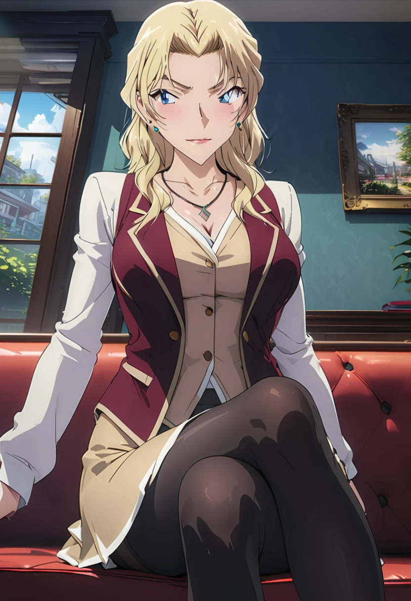 (masterpiece, best quality:1.2), ((Extremely detailed)), high resolution, Anime style , photo, photography, Detailed background,1. Beautiful woman Lei Dianming, (Pantyhose), boots,Cowboy shooting, Looking at the audience,A faint smile, earrings, skirt, Necklace, Vest, Cross your legs, From below, On the sofa, Windows, living room,Anime style，blond