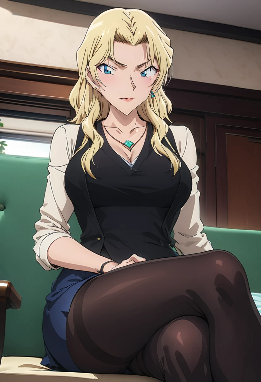 (masterpiece, best quality:1.2), ((Extremely detailed)), high resolution, Anime style , photo, photography, Detailed background,1. Beautiful woman Lei Dianming, (Pantyhose), boots,Cowboy shooting, Looking at the audience,A faint smile, earrings, skirt, Necklace, Vest, Cross your legs, From below, On the sofa, Windows, living room,Anime style,blond