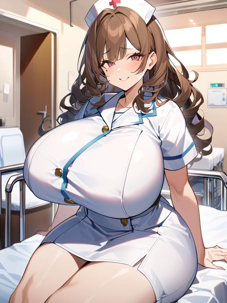 1 adult female、35-year-old woman、Huge breasts:1.5、sagging breast:1.5、Brown Hair、Light red eyes、Wavy Hair、Bobcut、milf、potbelly、Worried brow、smile、mole under eye、White nursing uniform、nurse、hospital、Hospital room、深夜のHospital room