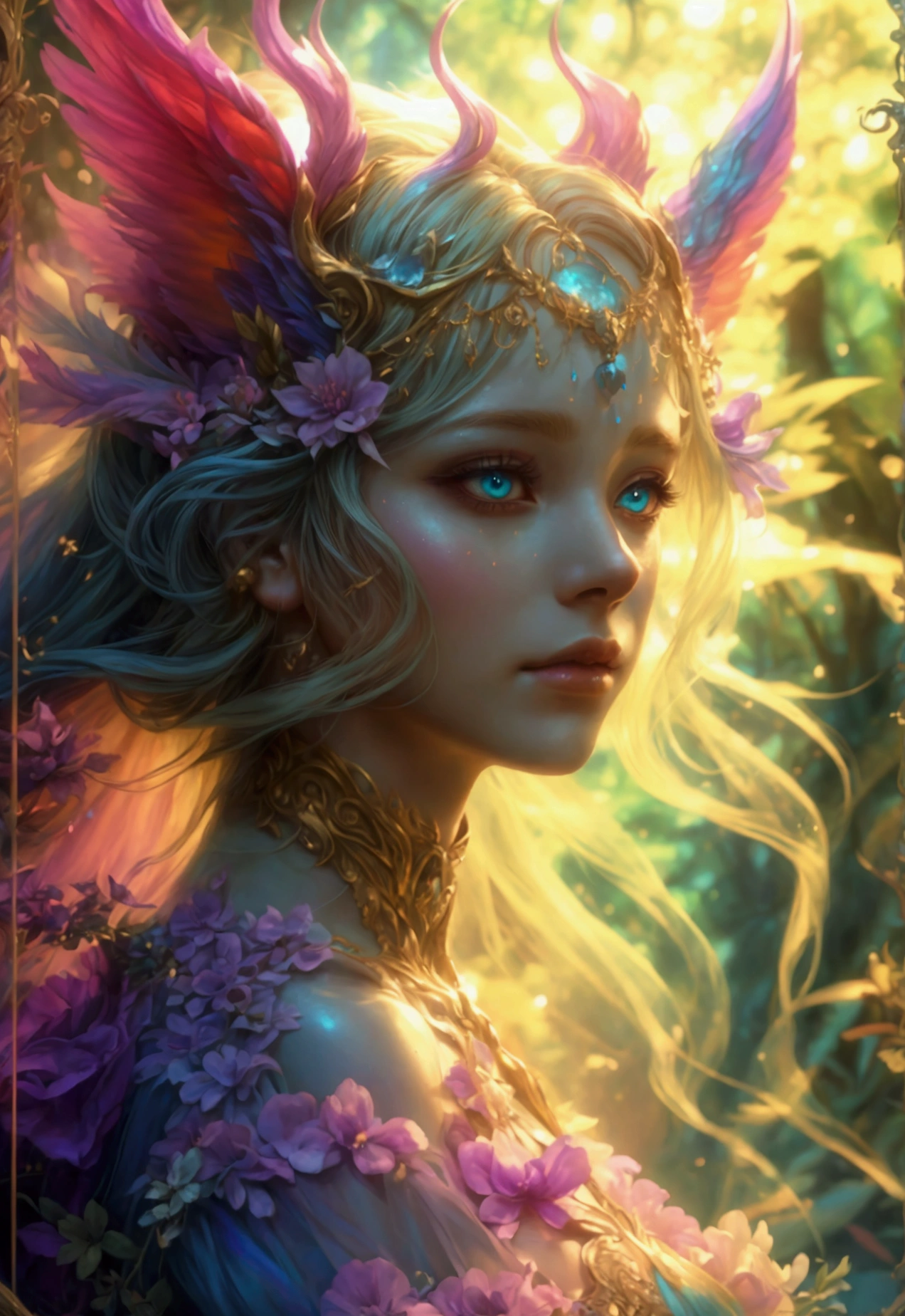 A beautiful, enchantingly elusive humanoid faunus woman, every aspect exudes magic in the midst of danger: shimmering rainbow fur, ethereal golden horn, and eyes that seem to hold the secrets of the universe. The mystical creature is surrounded by a lush, enchanted forest, bathed in the soft light of the setting sun, creating a dreamlike atmosphere that transports viewers to a realm of fantasy and wonder. This breathtaking image is a digital painting that captures the essence of the mythical creature with stunning detail and masterful technique, making it a truly mesmerizing work of art.